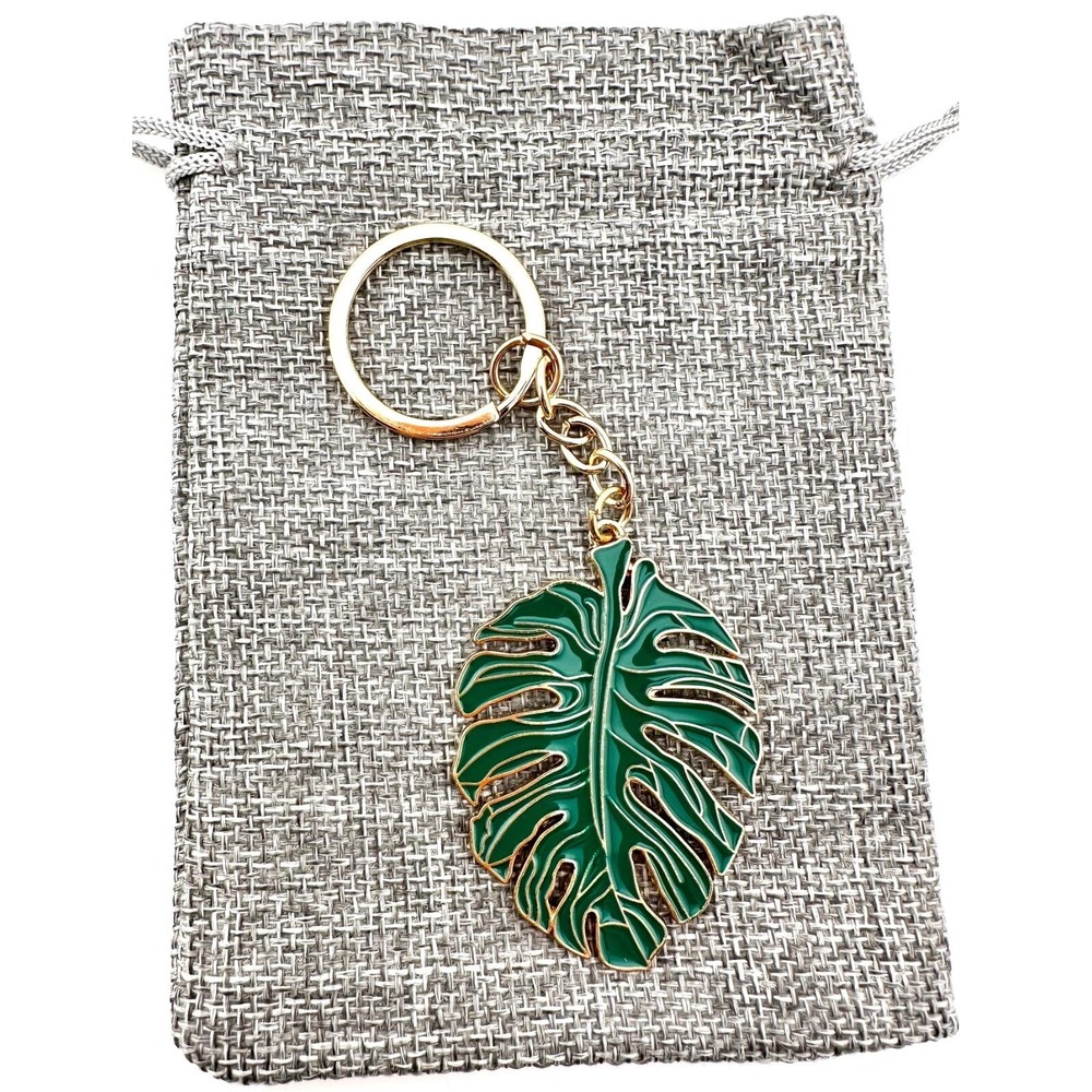 Monstera Palm Leaf Keychain Tropical Green Enamel‎ NEW Purse Charm - Picture 2 of 4